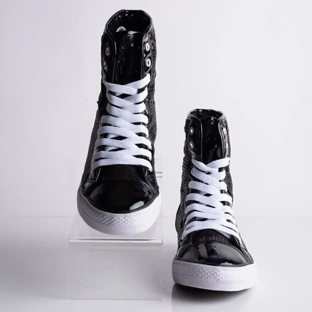 Double Platinum Womens Black Destiny High Top Sequin Sneaker Shoes US 8.5 New
